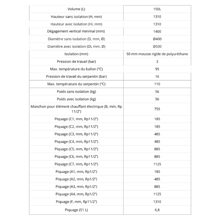 Ballon tampon 150L avec  1 serpentin