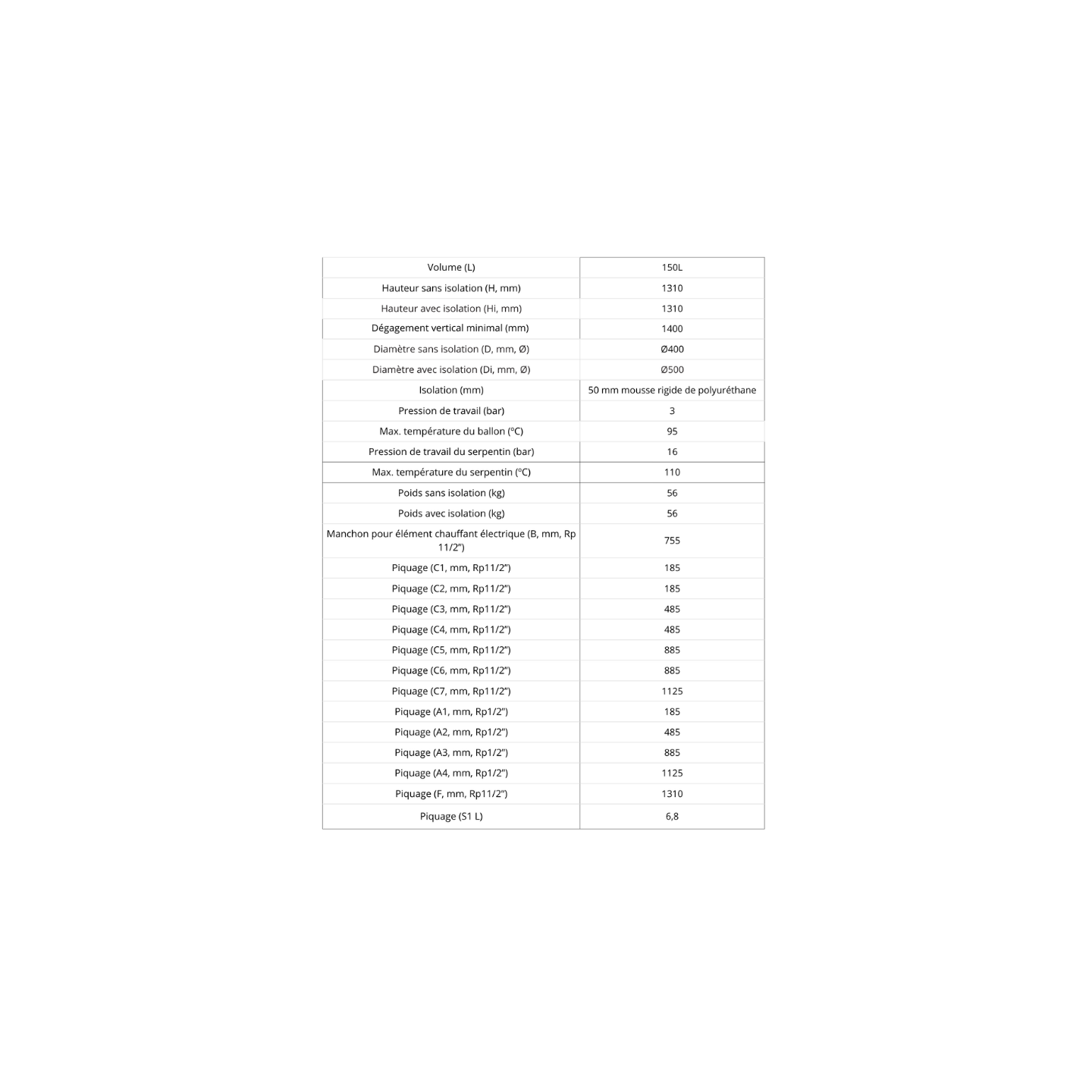 Ballon tampon 150L avec  1 serpentin