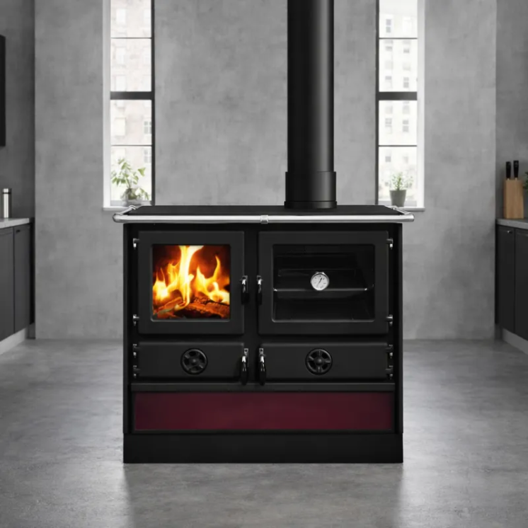 Cuisinière à bois Magnum Thermo MBS côté droit finition bordeaux