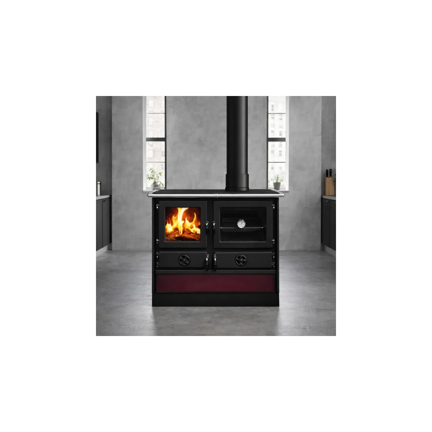 Cuisinière à bois Magnum Thermo MBS côté droit finition bordeaux