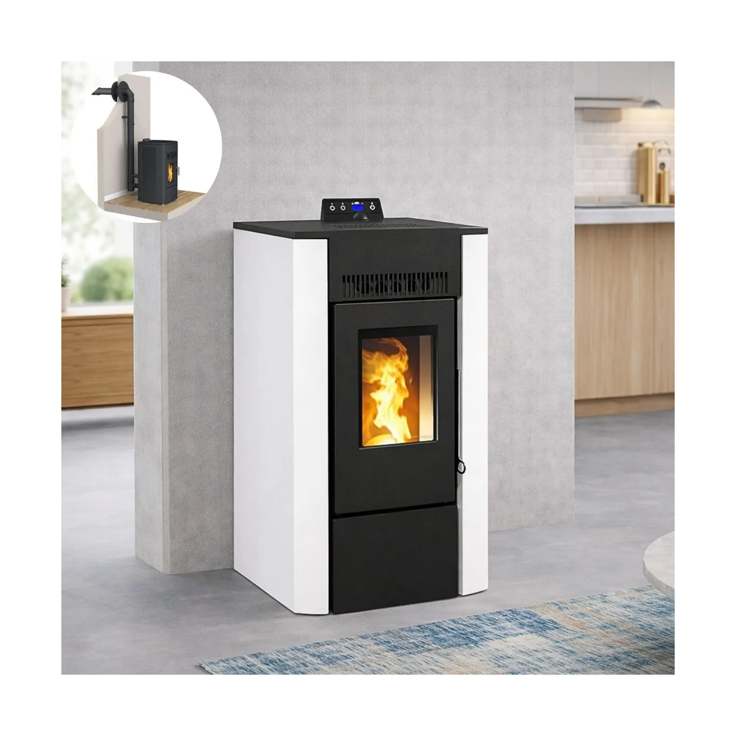 Poêle à pellet étanche LVZ Alexa 9 blanc – installation intérieure