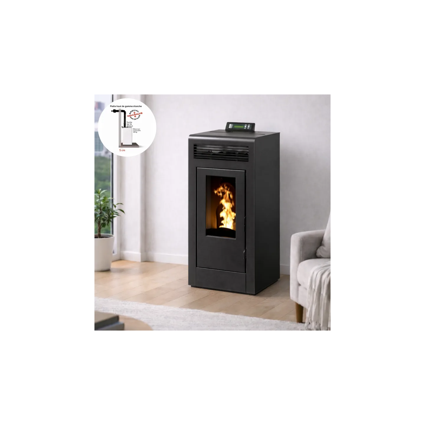 Poêle à granulés MARINA 11 noir en intérieur – chauffage principal