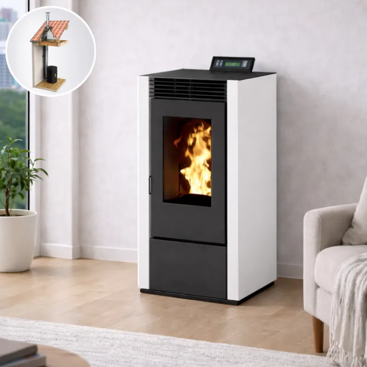 poêle à granulés MARINA 11 blanc étanche pack conduit vertical salon chauffage économique
