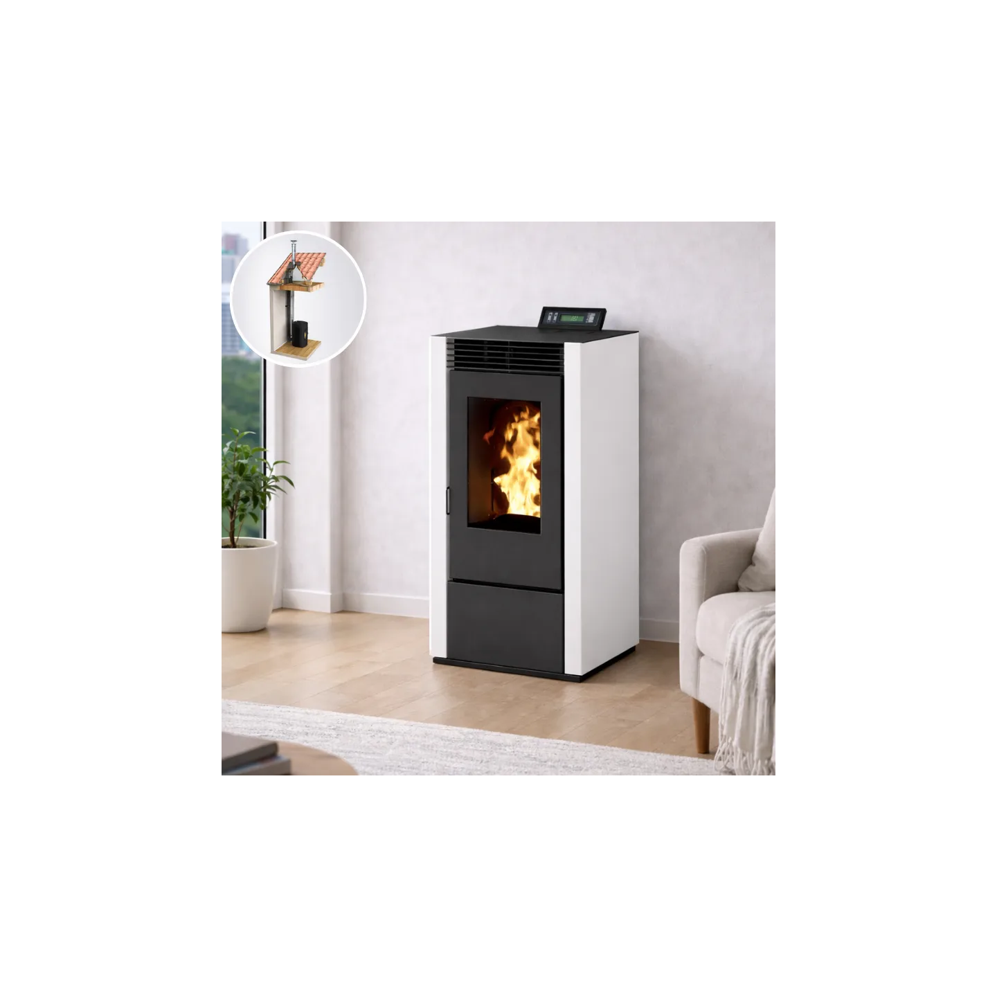 poêle à granulés MARINA 11 blanc étanche pack conduit vertical salon chauffage économique