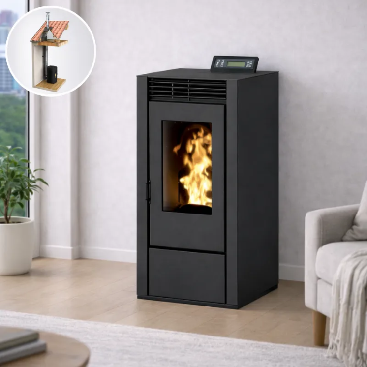 poêle à granulés MARINA 11 noir étanche pack conduit vertical chauffage intérieur