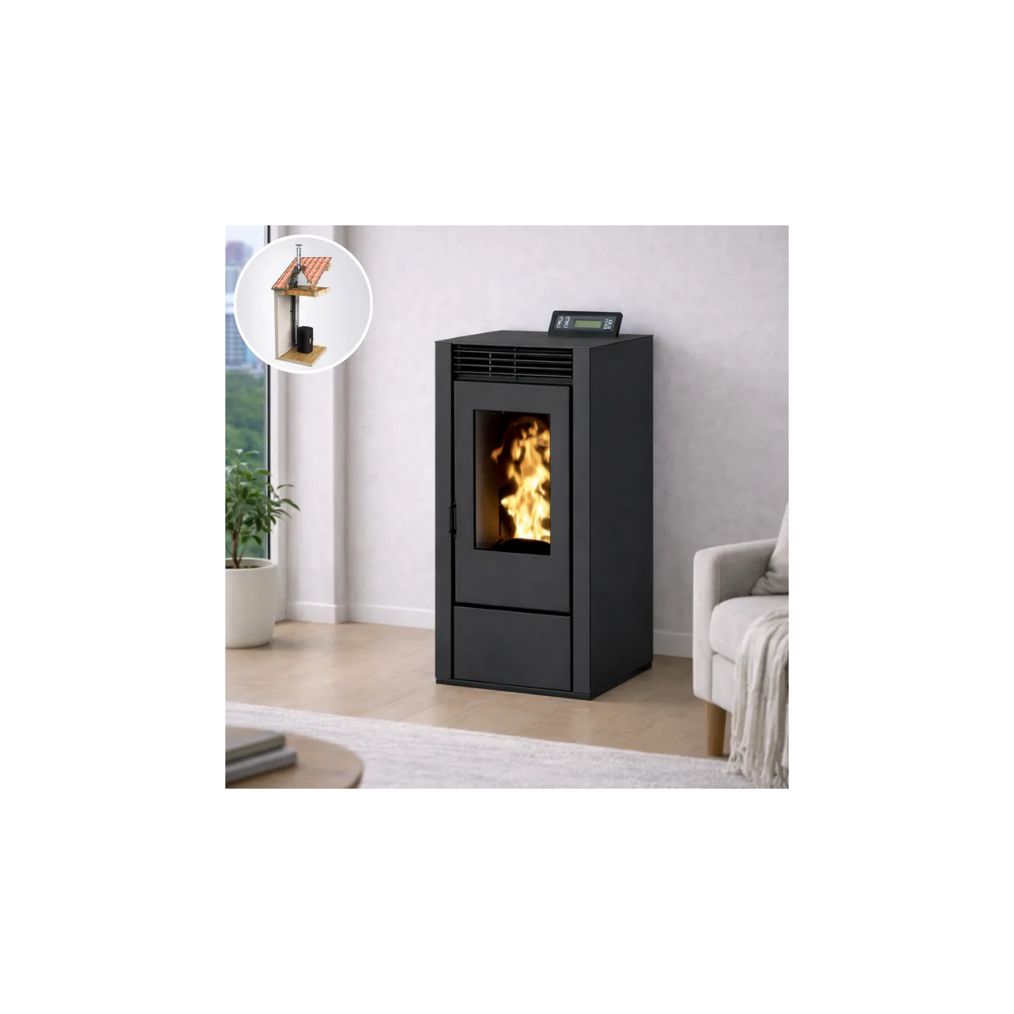 poêle à granulés MARINA 11 noir étanche pack conduit vertical chauffage intérieur