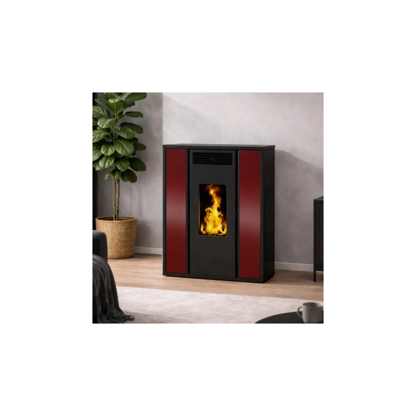 Poêle à pellet TESSA 10 bordeaux vue de face – design extra-plat