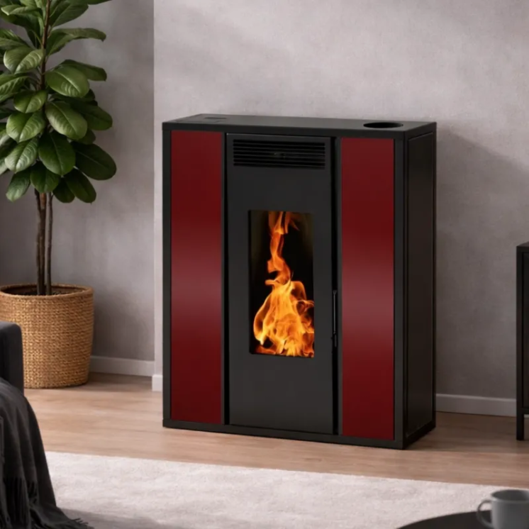 Poêle à pellet TESSA 10 bordeaux vue de face – design extra-plat