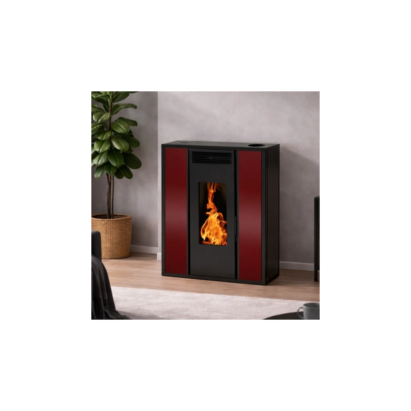 Poêle à pellet TESSA 10 bordeaux vue de face – design extra-plat