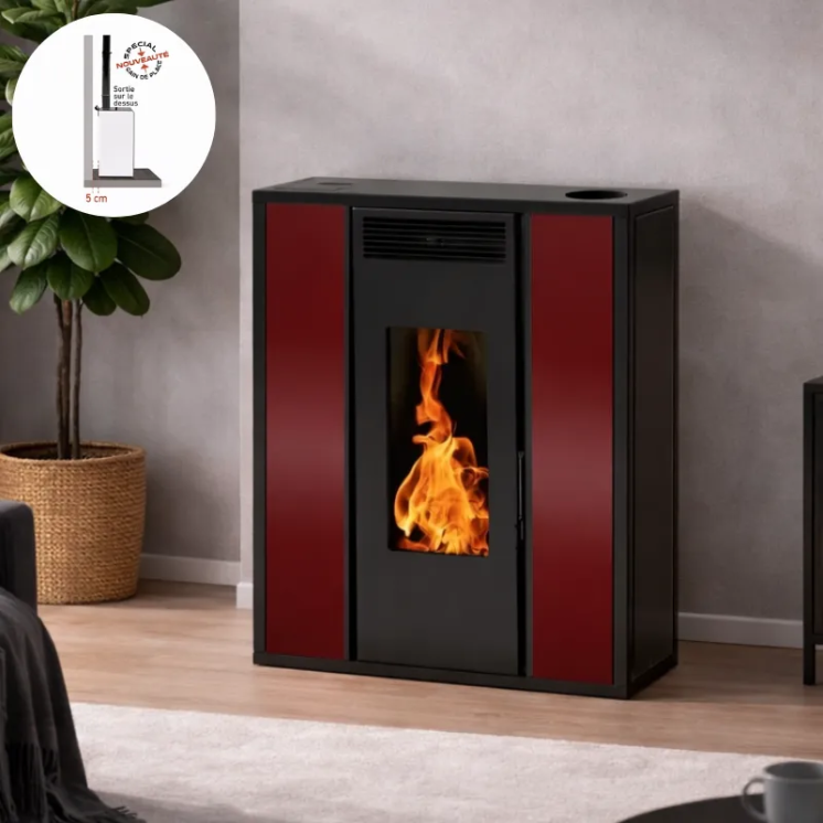 Poêle à pellet TESSA 10 bordeaux vue de face – design extra-plat