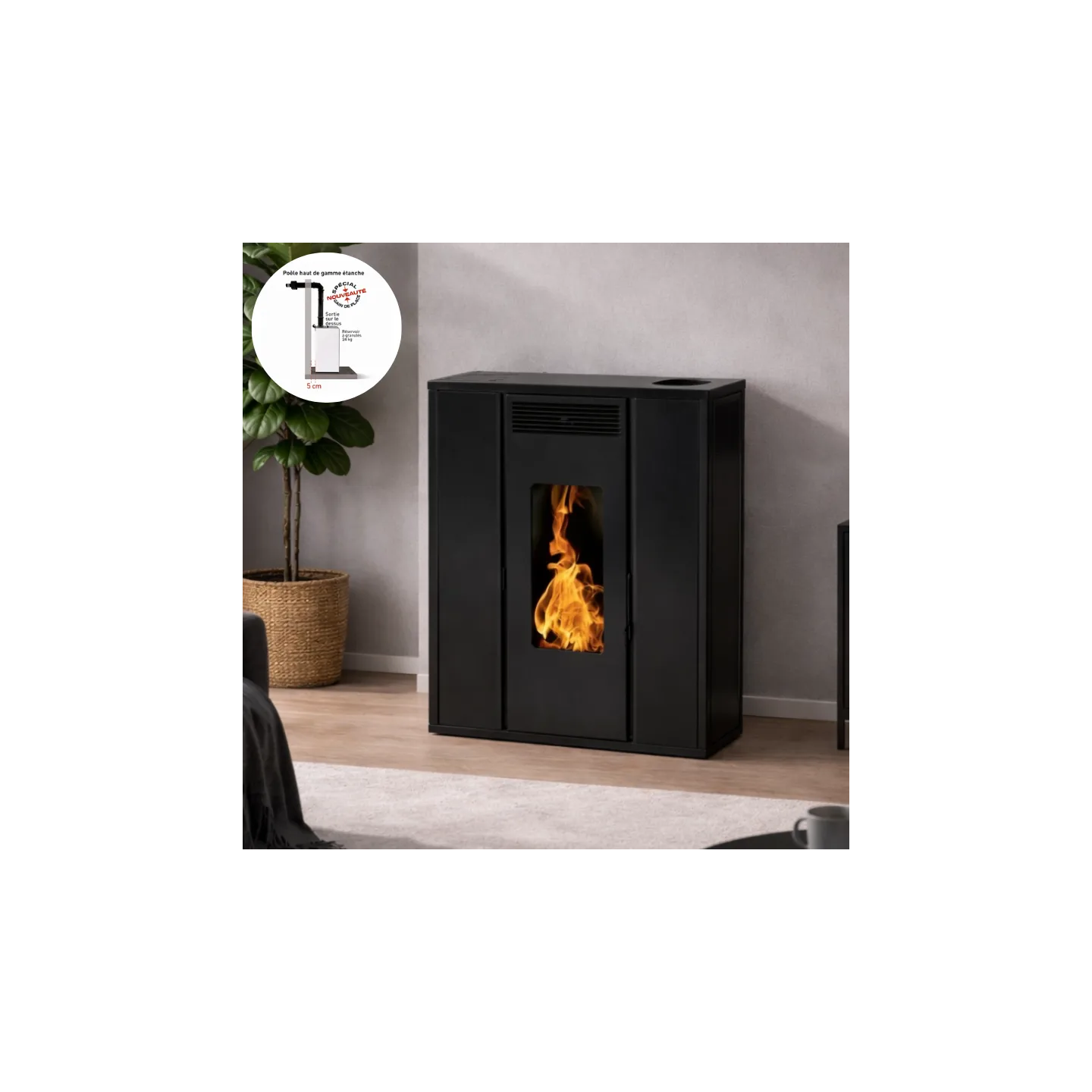 Poêle à granulés TESSA 10 noir en intérieur – chauffage compact