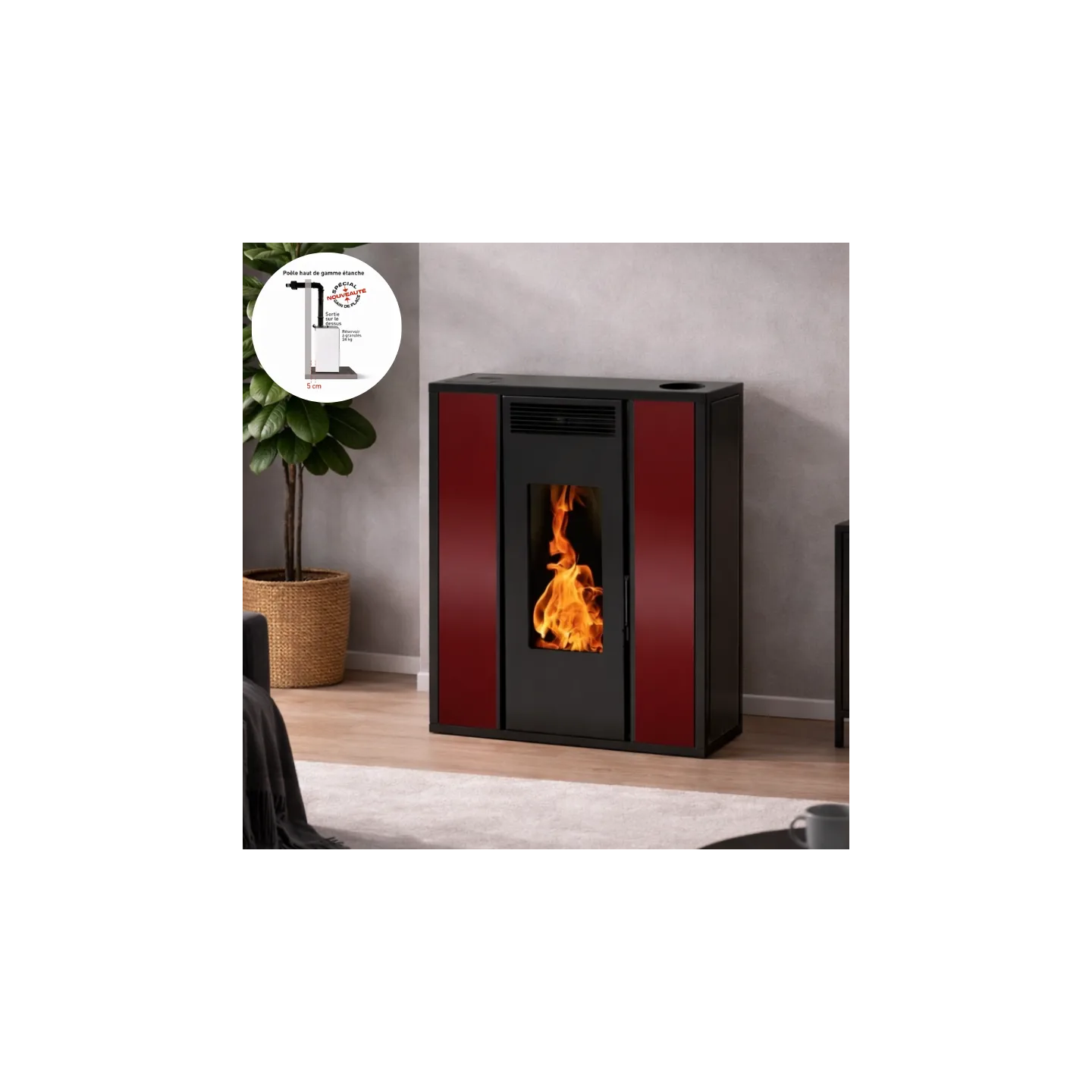 Poêle à pellet TESSA 10 bordeaux vue de face – design extra-plat