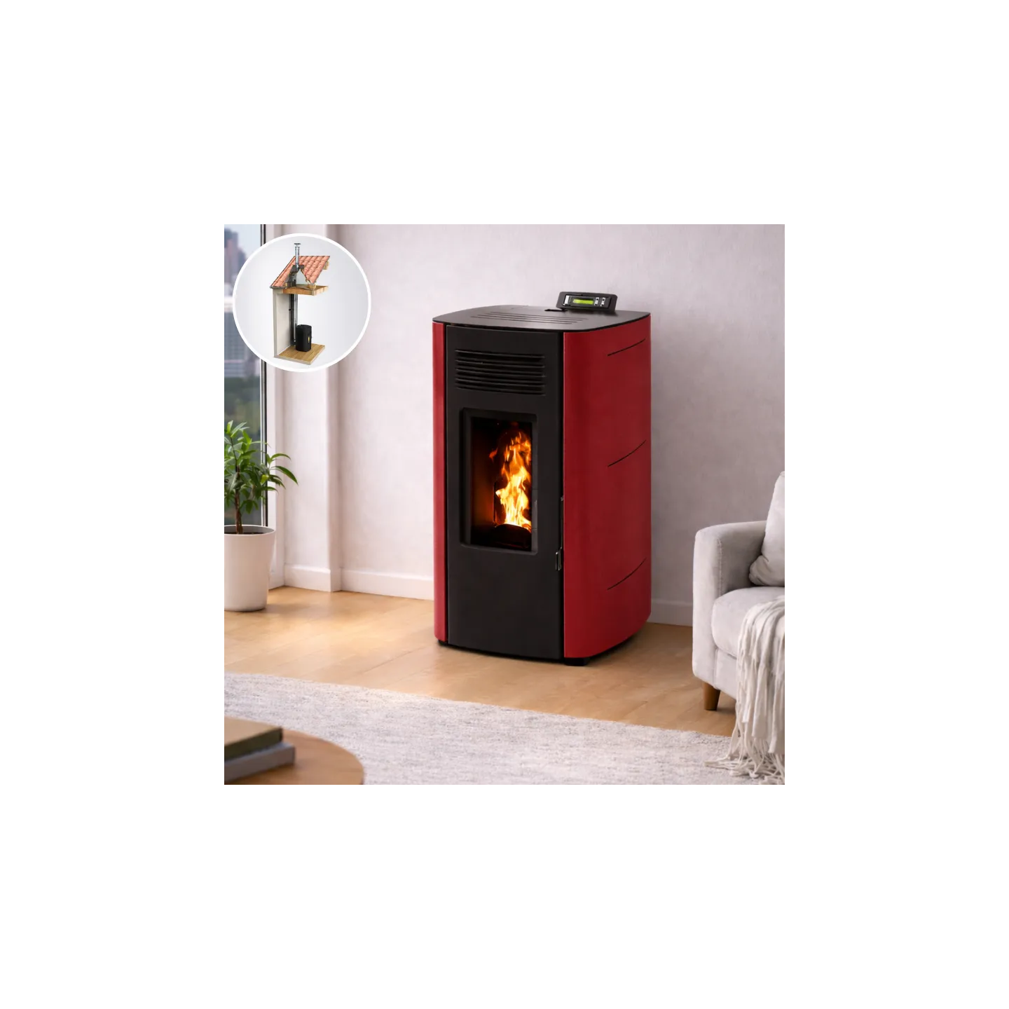 poêle à pellets hydro ELIO 13 pack conduit vertical bordeaux design moderne maison