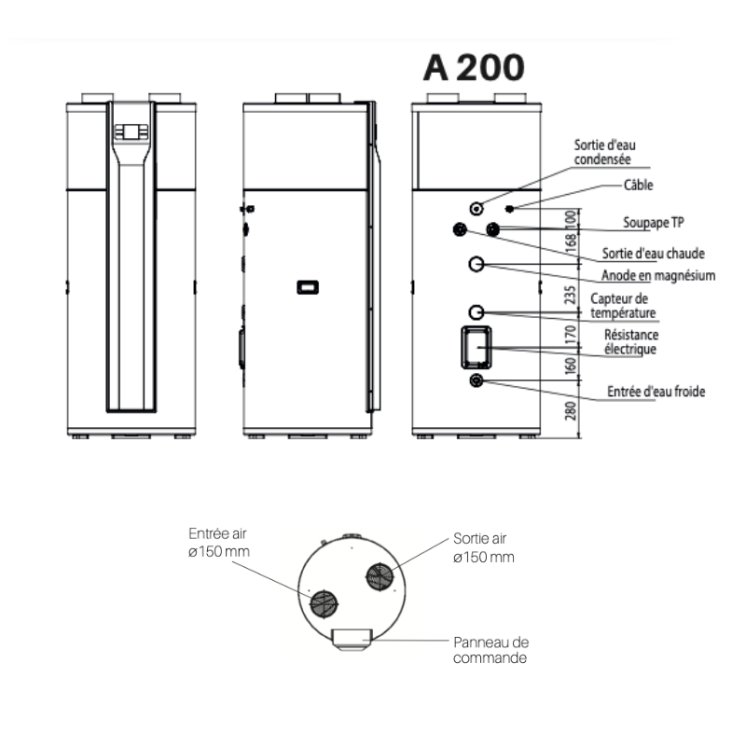 schéma technique Chauffe-eau thermodynamique 200 litres Sunny