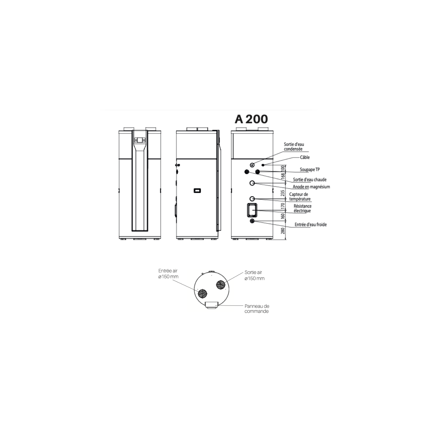 schéma technique Chauffe-eau thermodynamique 200 litres Sunny