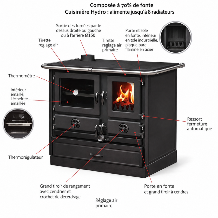 Cuisinière à bois Magnum Thermo MBS en fonte | Bouilleur côté droit