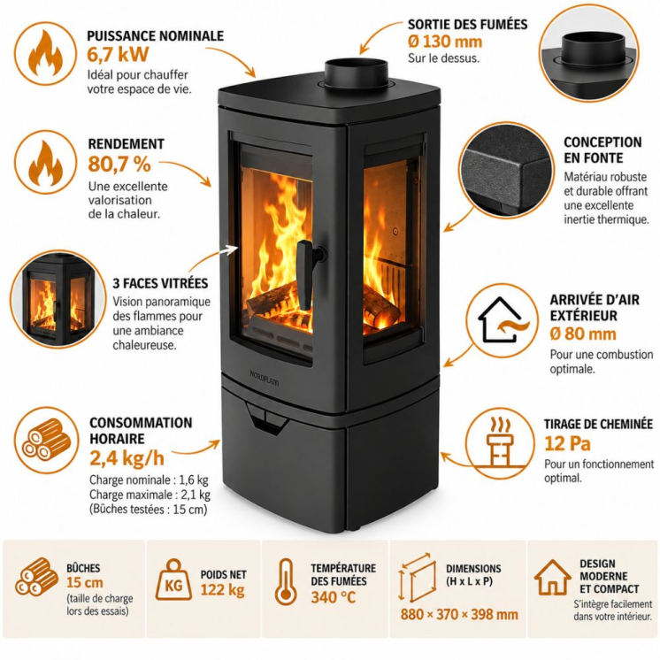 Poêle à bois fonte FJELL 3 vitres 6,7 kW | NORDFLAM