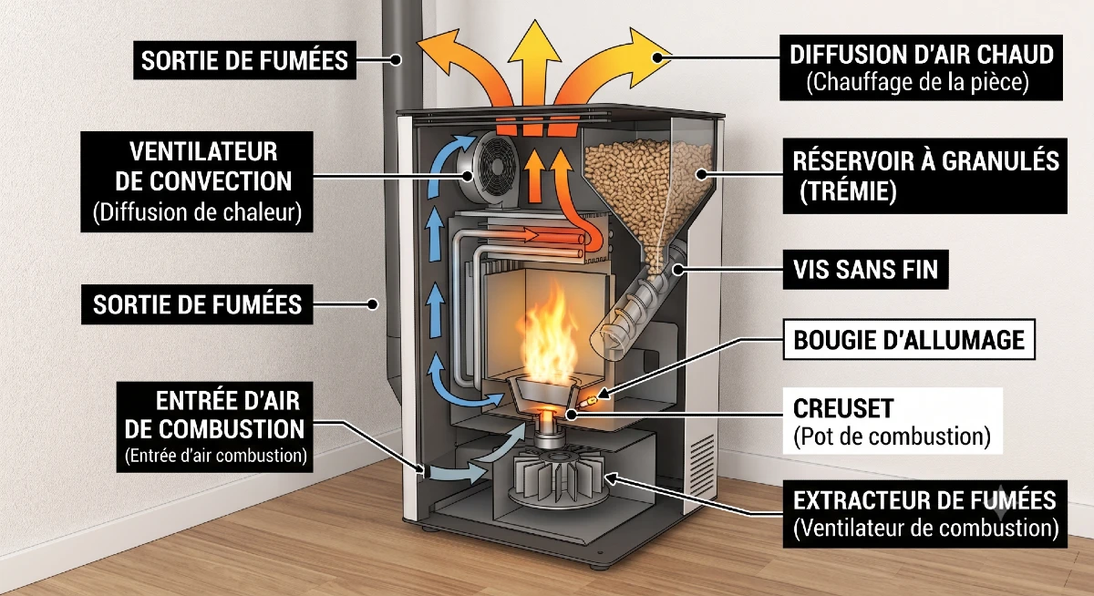 schéma en coupe d'un poêle à granulés : réservoir, vis sans fin, creuset, bougie d'allumage, extracteur de fumées et ventilateur