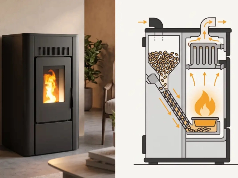 Poêle à granulés en fonctionnement dans un salon, flamme visible dans la chambre de combustion